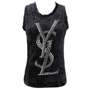 AUTH VTG Yves Saint Laurent YSL Black Velvet Rhinestone Logo Tank Top Blouse